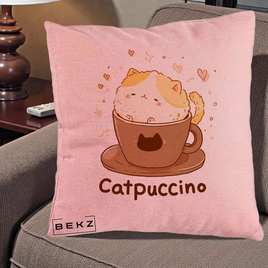 Perna Decorativa Catpuccino Pisica Cappuccino, 40x40 cm, Roz, Husa Detasabila, Perna Inclusa, BEKZ®