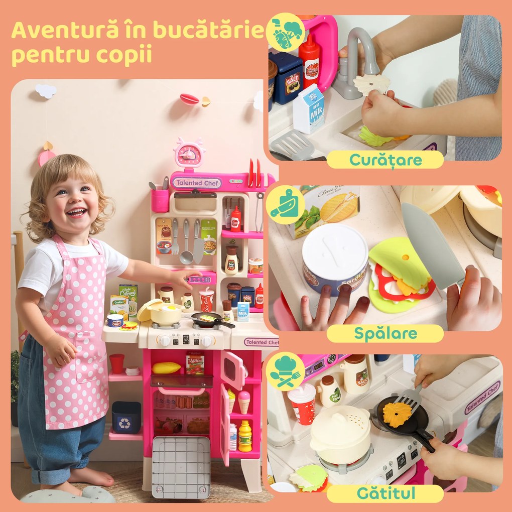 AIYAPLAY Bucătărie de Jucărie pentru Copii 3-6 Ani cu 104 Accesorii, din PP, PE și ABS, 52.5x22x100 cm, Roz | Aosom Romania