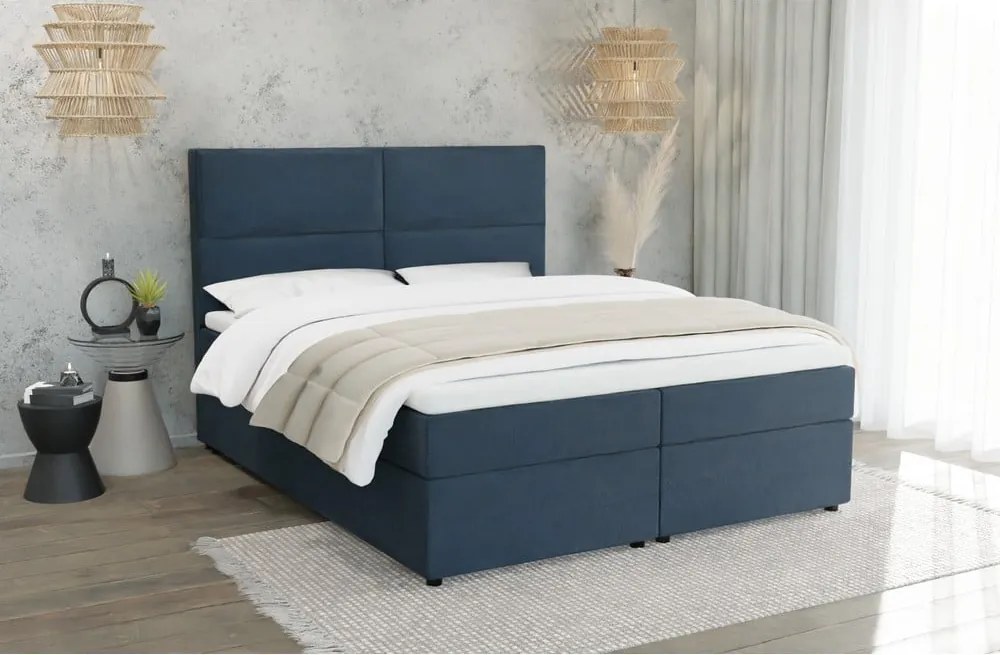 Pat boxspring albastru închis cu spațiu de depozitare 140x200 cm Rico – Ropez