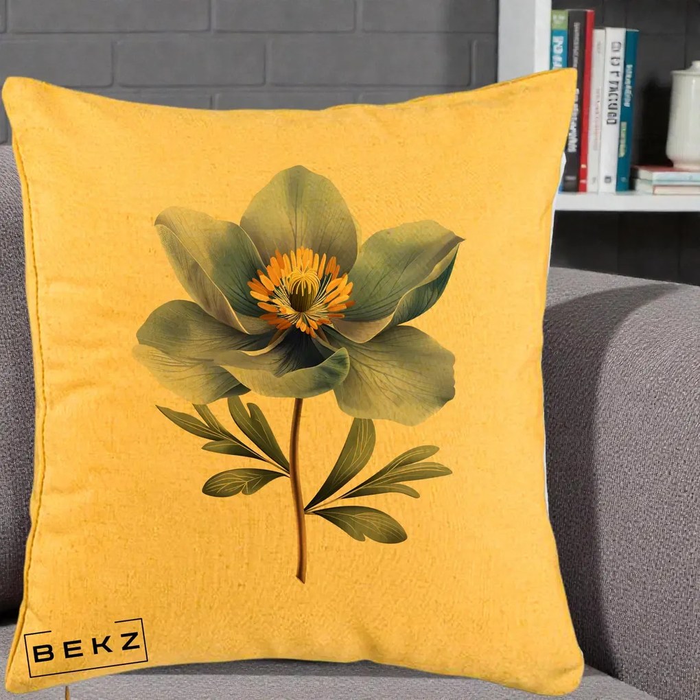 Perna Decorativa Anemona Albastra Botanica, 40x40 cm, Galben, Husa Detasabila, Perna Inclusa, BEKZ®