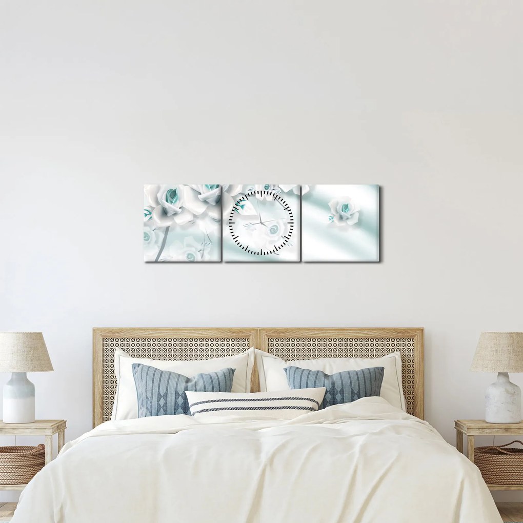 Tablou - Flori de trandafir turcoaz (cu ceas) (90x30 cm)