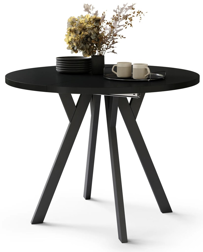 Mazzoni ALMO Negru/picioare negre - MASĂ ROTUNDĂ EXTENSIBILĂ CU PICIOARE ÎN FORMĂ DE Y STIL LOFT PENTRU SALON/SUFRAGERIE