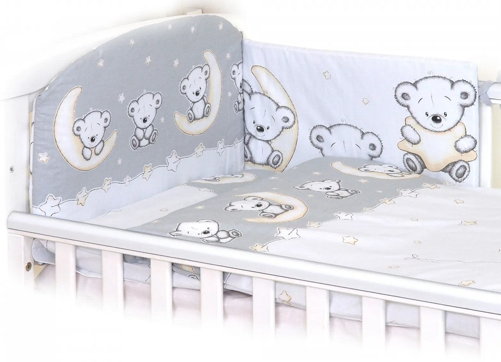 Set lenjerie din bumbac cu protectie laterala pentru pat bebe 120 x 60 cm, Ursulet pe luna Gri, Amy
