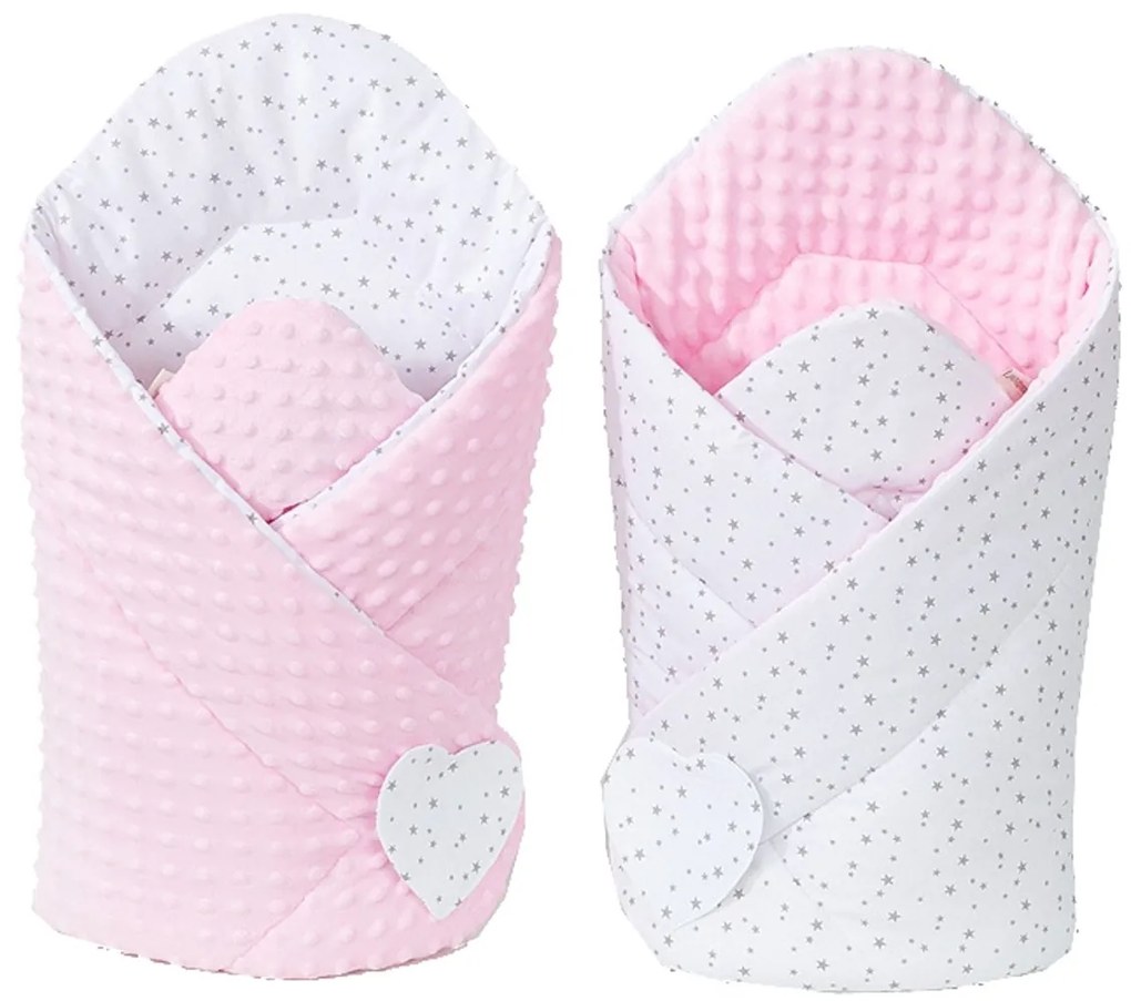 Mamo Tato Înveliș pe două fețe Minky Baby - Mini stele gri pe alb / roz