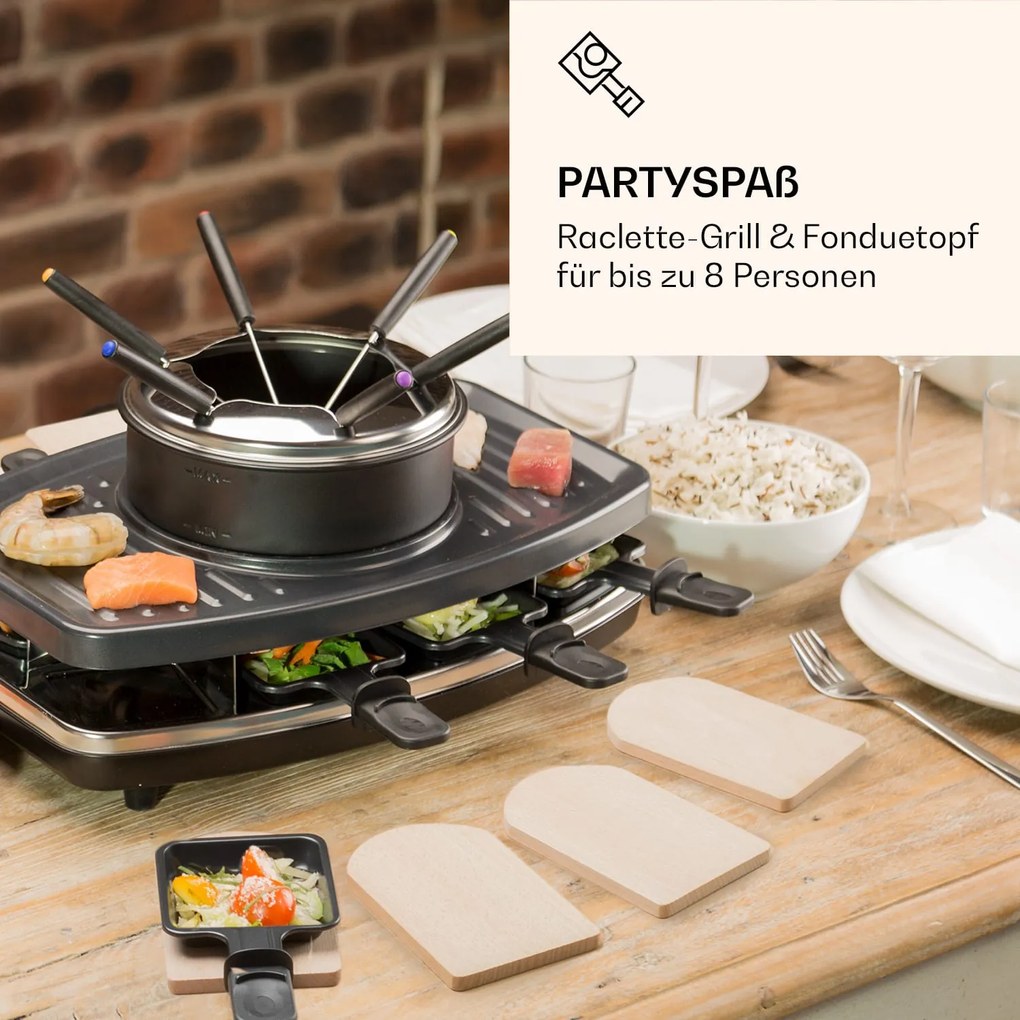 Klarstein Entrecote, 2 în 1 raclette grill & fondue, piatră naturală, 1100 W, 8 persoane, covorașe