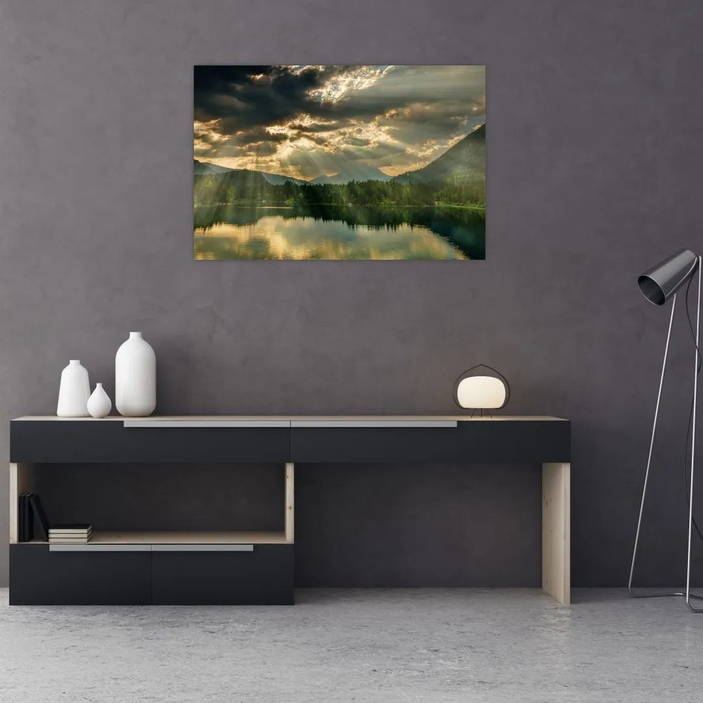 Tablou cu lac și soarele translucid (90x60 cm)