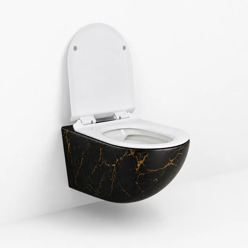 Vas WC suspendat negru cu finisaj marmorat auriu, capac duroplast soft-close