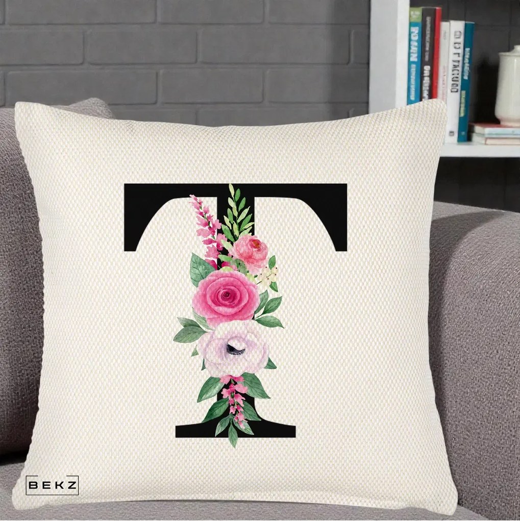 Cadou Personalizat - Perna Personalizata Monograma Florala Litera T, 40x40 cm, Crem Reliefat, Husa Detasabila, Perna Inclusa, BEKZ®