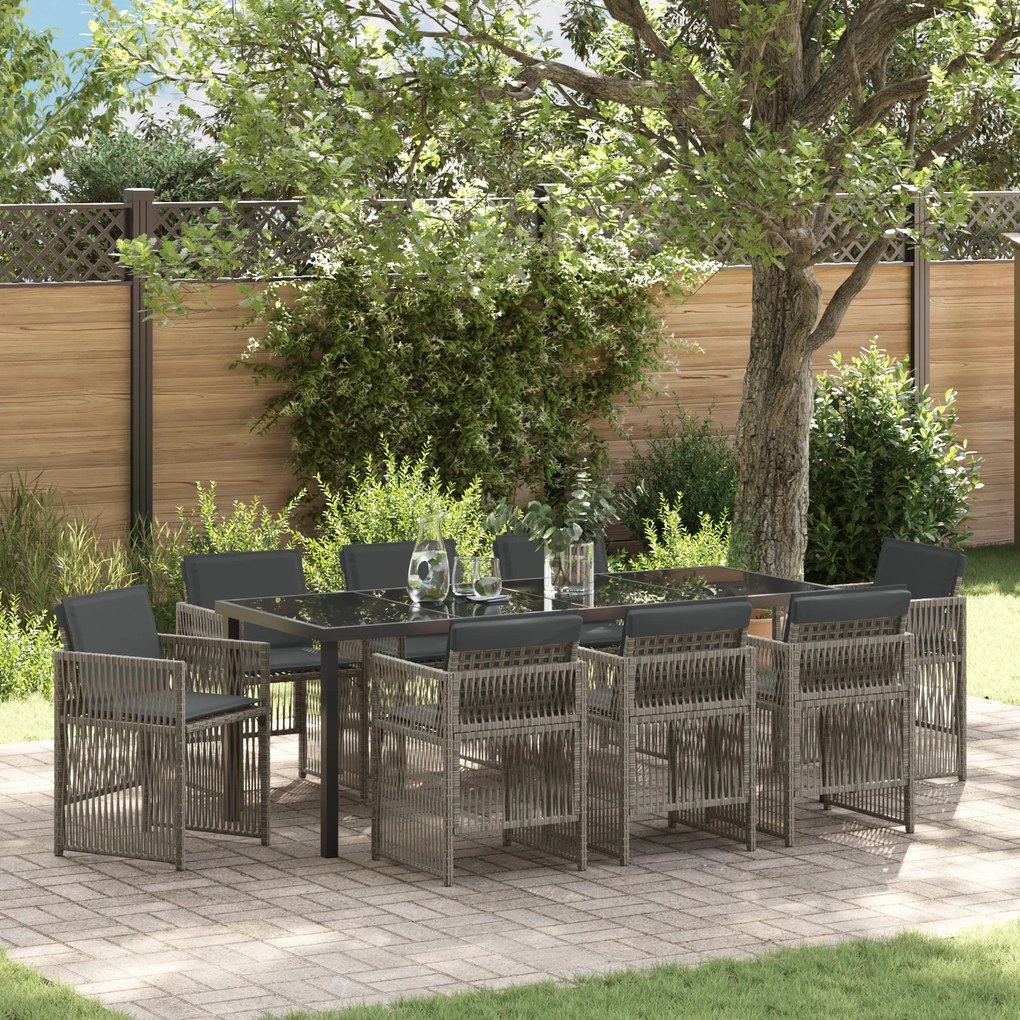 vidaXL Set de dining pentru grădină, 9 piese, cu perne, gri, din rattan polietilenic
