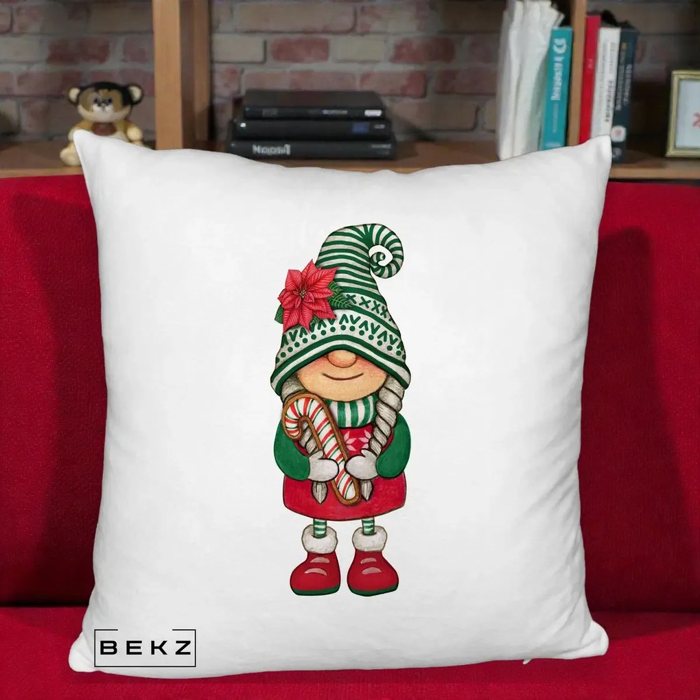 Perna Decorativa Gnom Craciun Verde cu Bomboane si Floare, 40x40 cm, Alb Pufos, Husa Detasabila, Perna Inclusa, BEKZ®