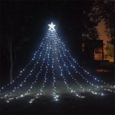 Instalatie solara perdea cu varf stea, 350 leduri, 9 franjuri, albastru