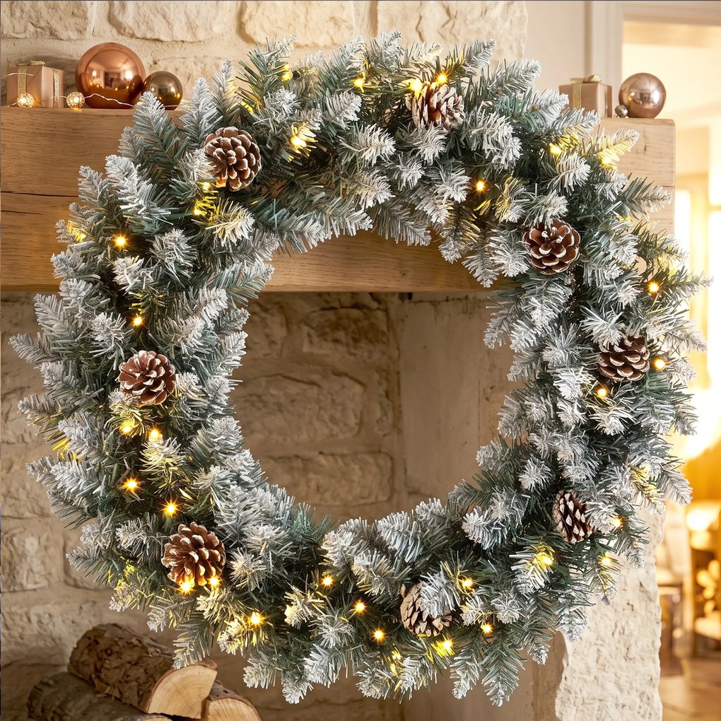 HOMCOM Coroniță de Crăciun 60 cm cu lumini LED, 8 moduri, 140 ramuri, conuri de pin, verde | Aosom Romania