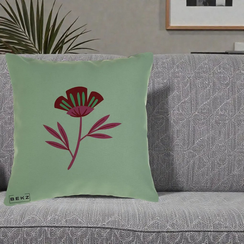 Perna Decorativa Floare Macul Roz-Rosu Grafic, 40x40 cm, Verde, Husa Detasabila, Perna Inclusa, BEKZ®
