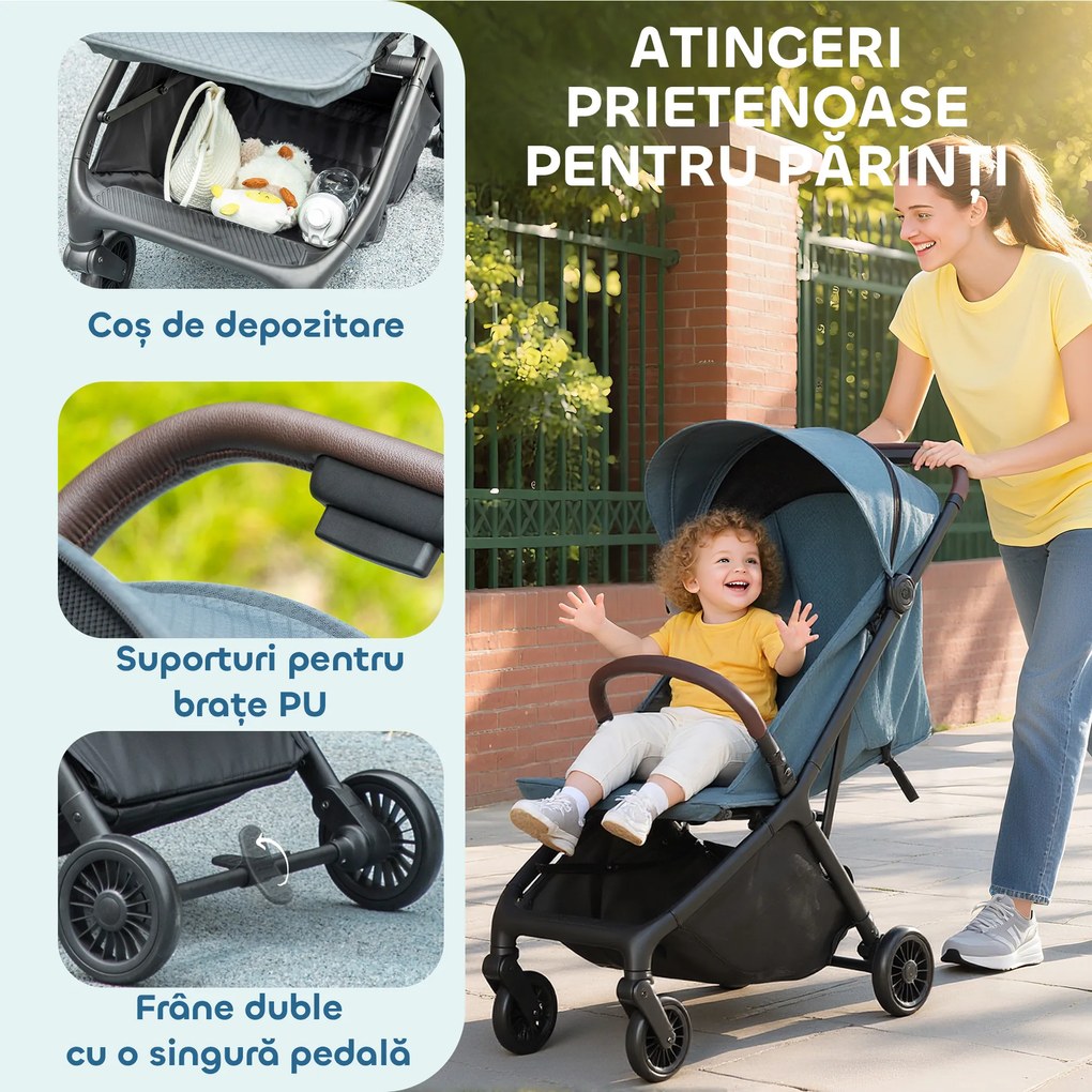 AIYAPLAY Cărucior Ușor 6.3kg pentru Copii 0-3 Ani Pliabil cu o Mână, Cărucior Compact Reclinabil cu Copertină și Suport pentru Picioare Reglabil, Roți și Coș de Depozitare, Până la 15 kg, Albastru | Aosom Romania