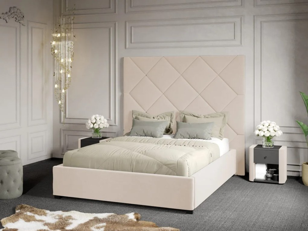 Pat Tapitat cu Panou 191x170 C2 Dubai cu somiera fixa Crem - Velluto 2 180x200
