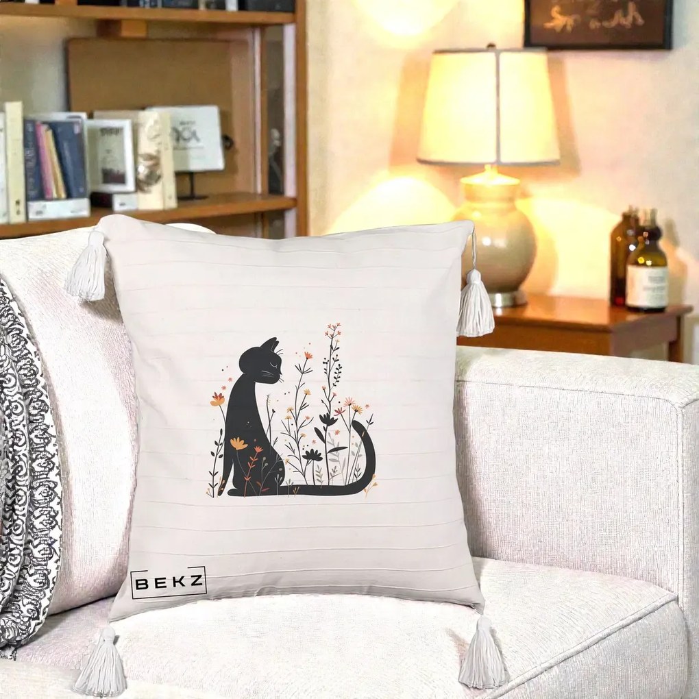 Perna Decorativa Pisica Neagra Flori Portocalii Silueta, 40x40 cm, Bej cu Franjuri, Husa Detasabila, Perna Inclusa, BEKZ®