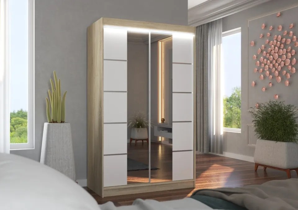 Dulap cu usi glisante si oglinda + iluminare LED, Genua 120 + LED, 120 cmx200 cmx58 cm, ADRK Furniture (Culoare: Alb / Negru)