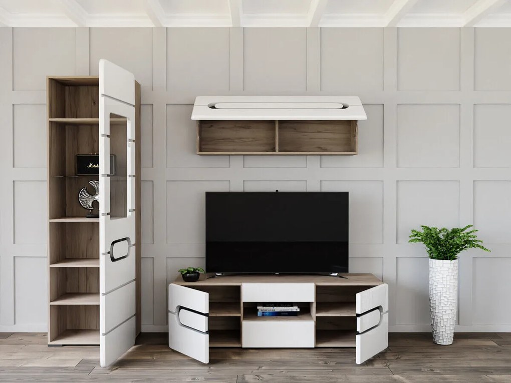 Mobilă pentru sufragerie Boston U115 Alb lucios, Stejar san remo, Cu comodă tv, Cu componente suplimentare, Piese individuale, MDF, PAL laminat, Sticlă călită, 195x47cm