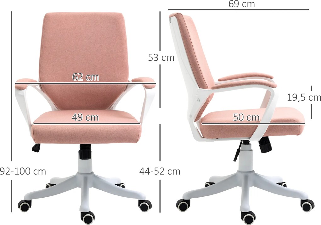 Vinsetto Scaun de birou Scaun de birou Home-Office Scaun cu funcție de balans Spătar reglabil înălțime gros și confortabil ergonomic Roți pivotante 360° din poliester nailon plastic PP Roz+alb 62x69x92-100 cm | Aosom Romania