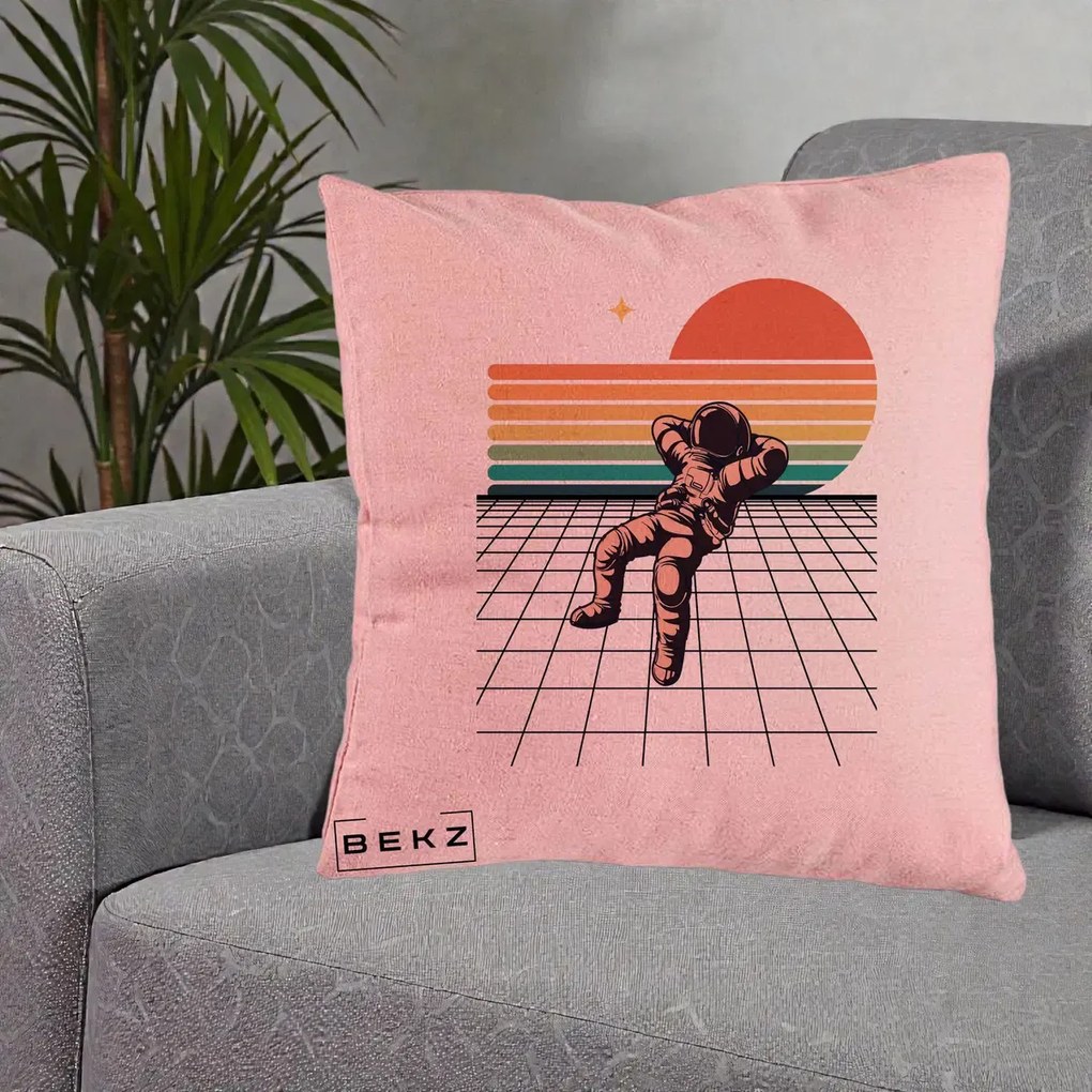 Perna Decorativa Astronaut Retro Space, 40x40 cm, Roz, Husa Detasabila, Perna Inclusa, BEKZ®