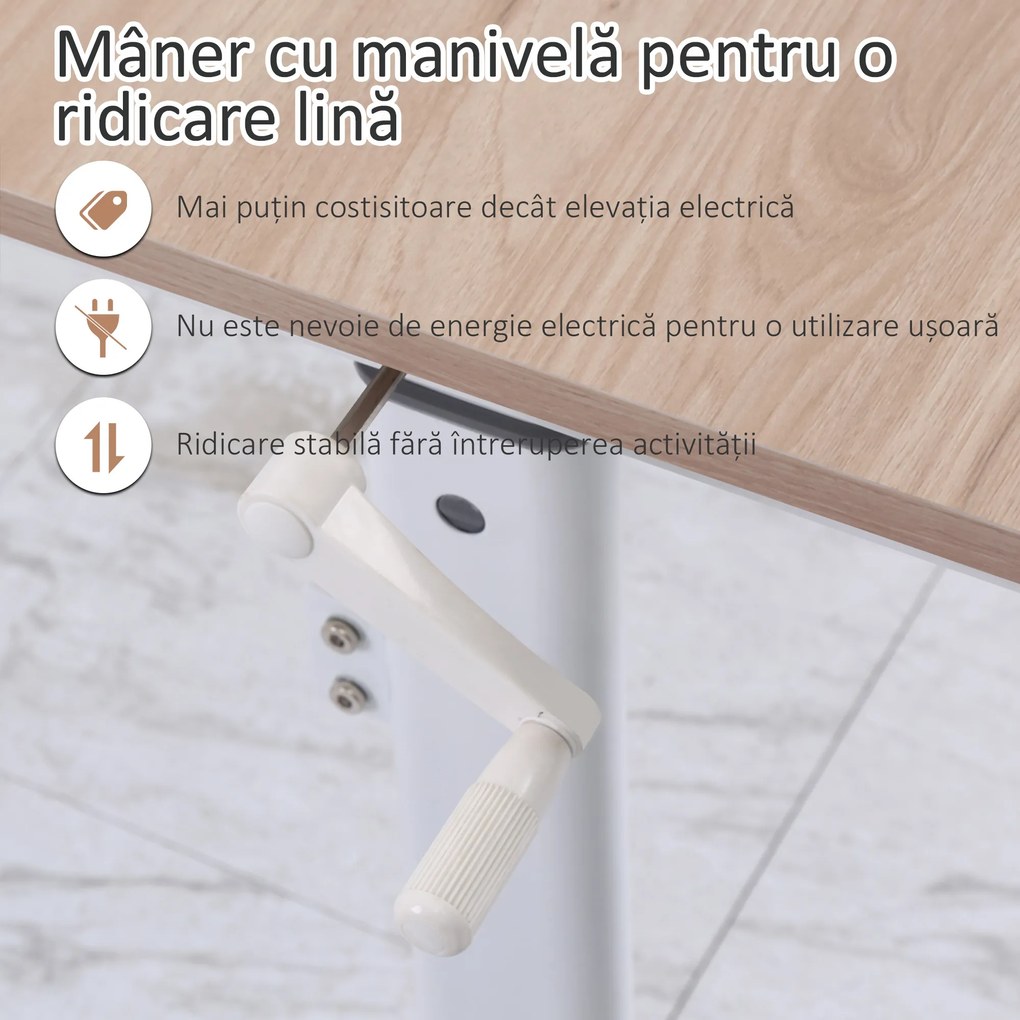 Vinsetto Birou Reglabil pe Inaltime cu Manivela, Birou Modern cu Reglare Manuala pentru Birou si Casa, 120x60x72-117cm, Alb | Aosom Romania