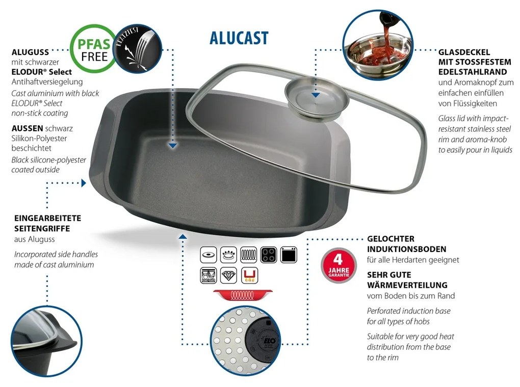 Elo 84932 Tigaie cu capac din sticlă și mâneraromat Alucast 40 x 22 cm
