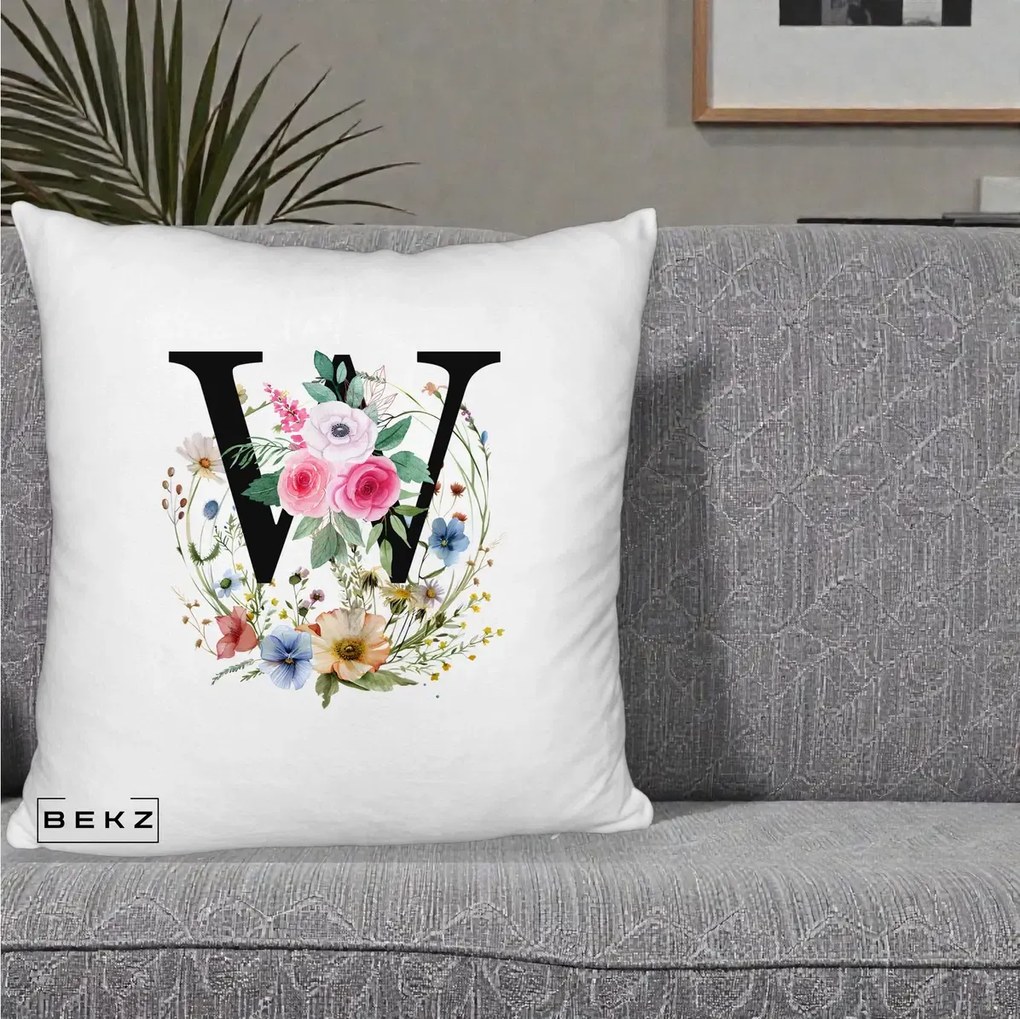 Cadou Personalizat - Perna Personalizata Monograma Florala Litera W, 40x40 cm, Alb Pufos, Husa Detasabila, Perna Inclusa, BEKZ®