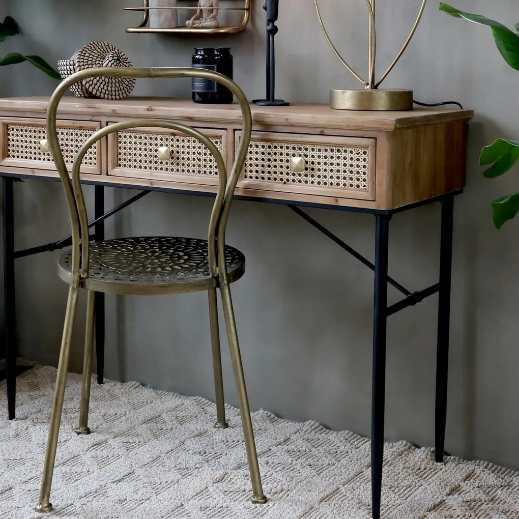 Scaun dining din metal, auriu, cu spătar dublu arcuit și șezut rotund traforat, finisaj alamă antichizată, Î 92 cm, Ø 41 cm, „Arles”