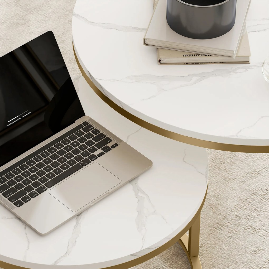 HOMCOM Set de 2 mese de cafea gigogne stivuabile design industrial blat cu aspect ciment picioare din metal alb | Aosom Romania