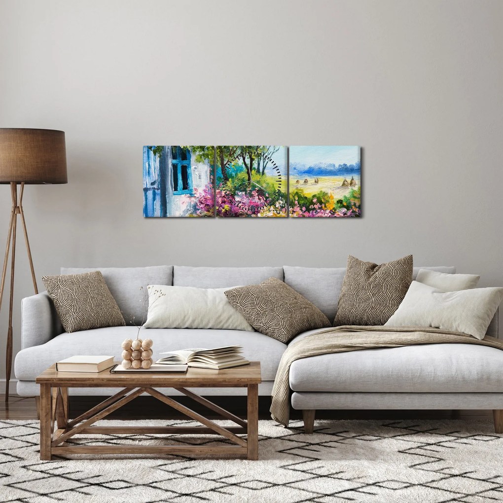 Tablou - Grădina din fața casei, pictură în ulei (cu ceas) (90x30 cm)