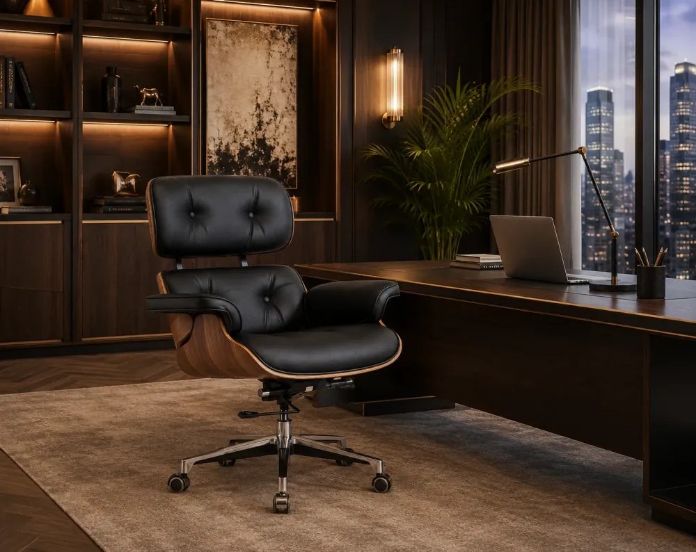 EXECUTIVE PRESTIGE – Scaun Directorial Ergonomic Premium, cu Piele PU, Furnir din Lemn Nuc, Bază din Aluminiu, Reglaj pe Înălțime și Funcție de Înclinare, Negru