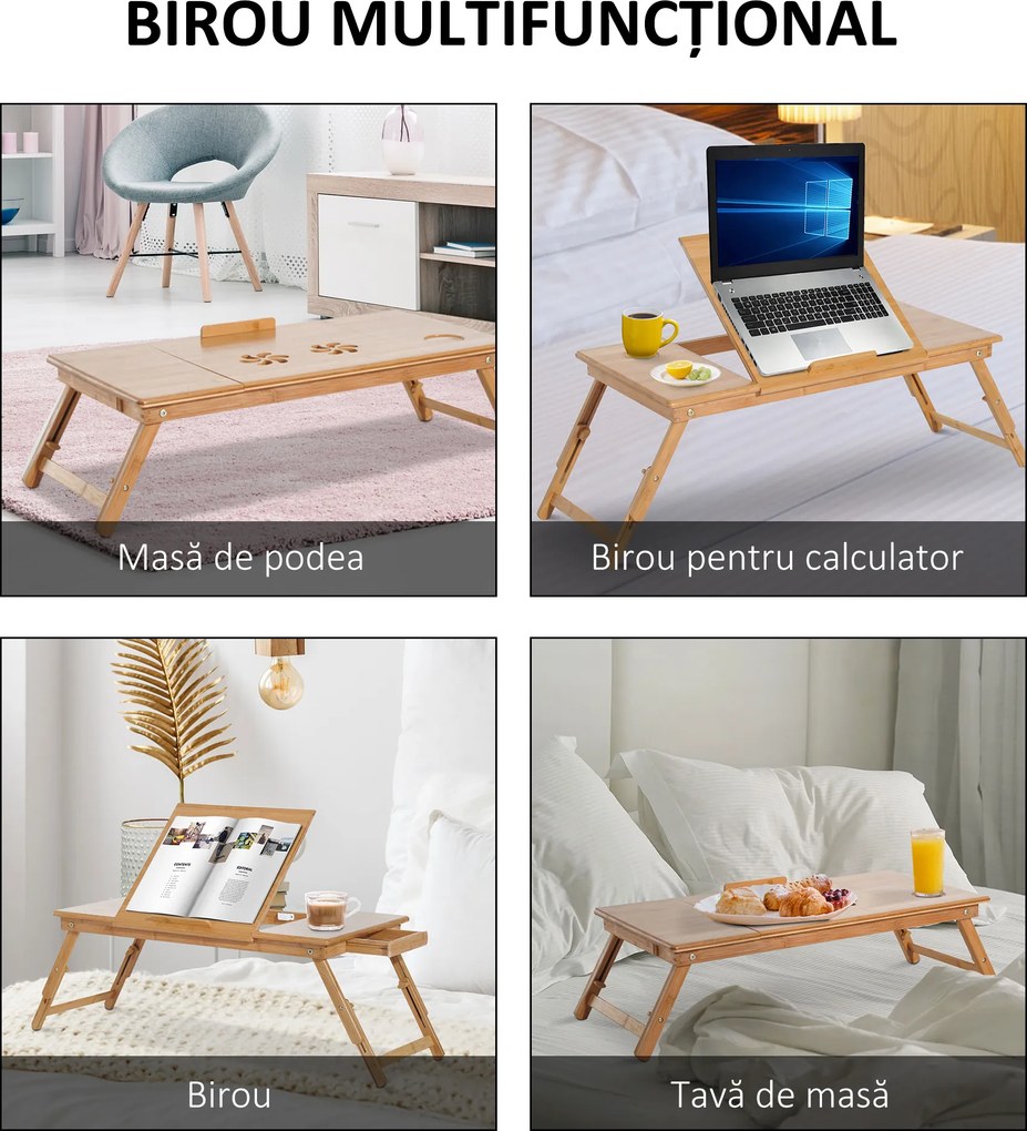 HOMCOM Masă de Pat pentru PC Pliabilă Suport Reglabil Înclinabil cu Sertar Picioare Pliabile 72x35x22-30 Culoarea Lemnului | Aosom Romania