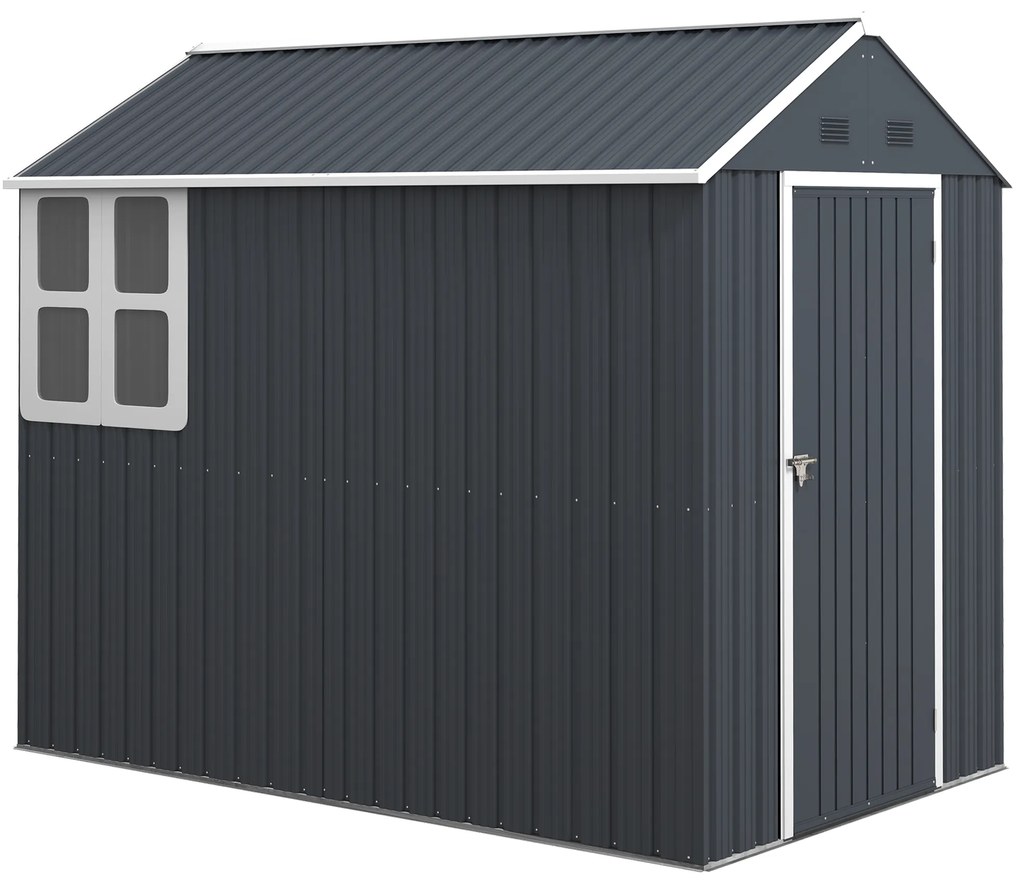 Outsunny Magazie de Grădină din Oțel Galvanizat și PP cu 4 Guri de Aerisire și Fereastră, 259x171x222 cm, Gri și Alb | Aosom Romania