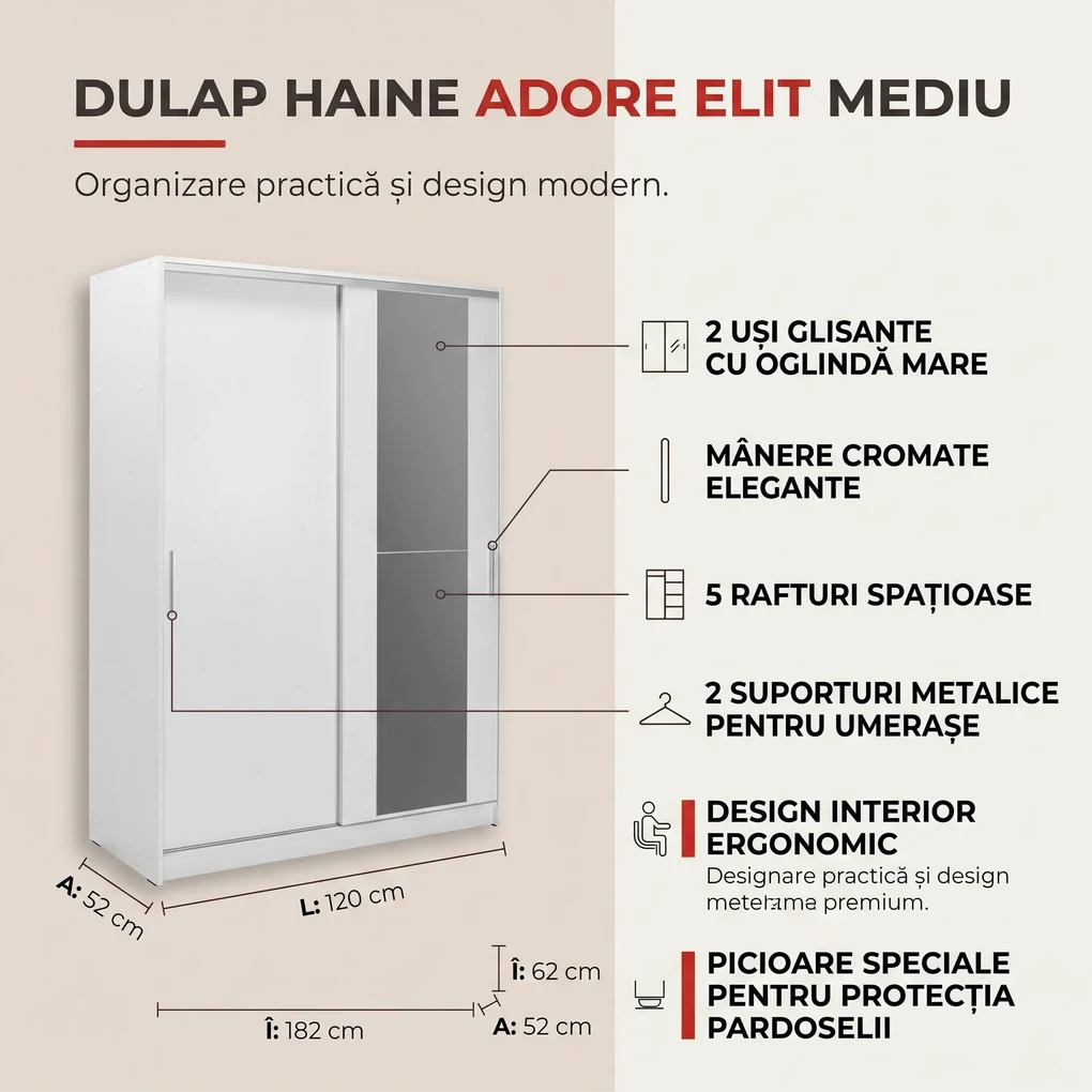 Dulap Haine Adore Elit Mediu, 2 usi glisante cu oglinda, Alb