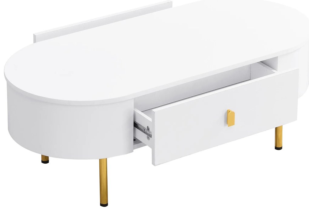 Masă de cafea cu 2 sertare, colțuri rotunjite, mânere și picioare aurii, 108x50x40 cm, Alb