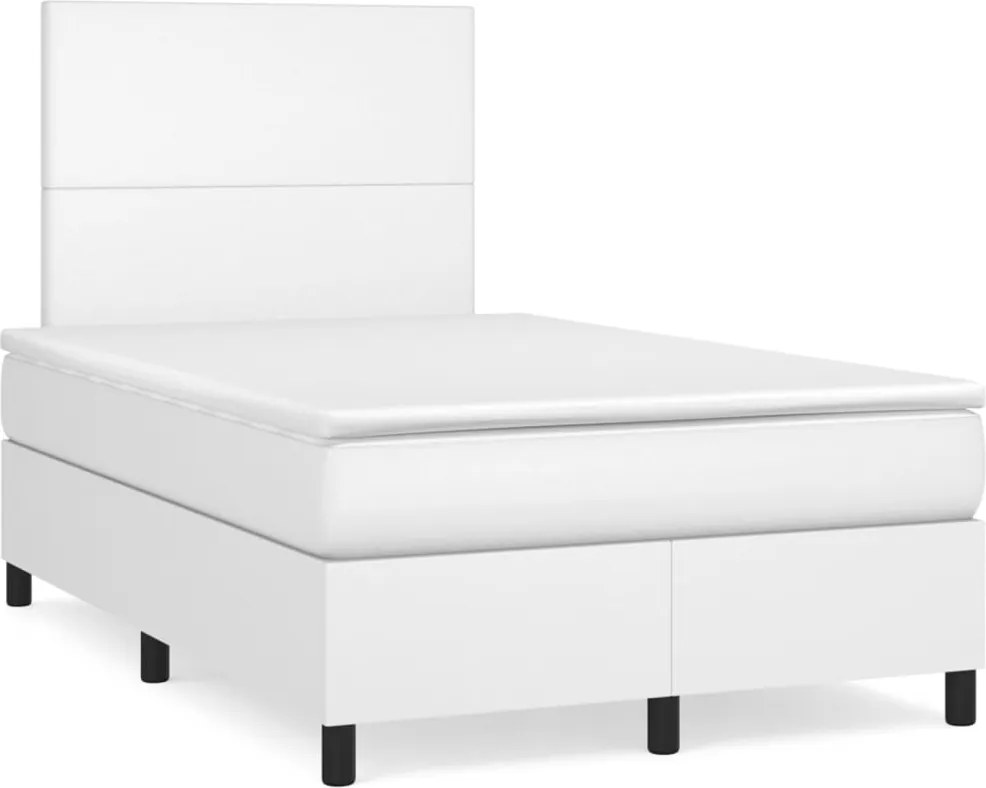 vidaXL Pat box spring cu saltea, alb, 120x200 cm, piele ecologică
