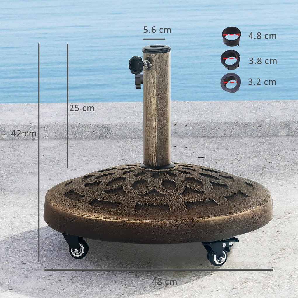 Outsunny Bază Rotundă pentru Umbrelă de Terasă cu Roți, Bază din Rășină de 21 kg, Suport Robust pentru Stâlpi de 3,3/3,8/4,8 cm pentru Exterior, Grădină, Marginea Piscinei, Bronz | Aosom Romania