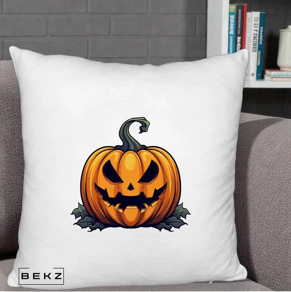Perna Decorativa Halloween Jack-o'-Lantern Infricosator, 40x40 cm, Alb Pufos, Husa Detasabila, Perna Inclusa, BEKZ®
