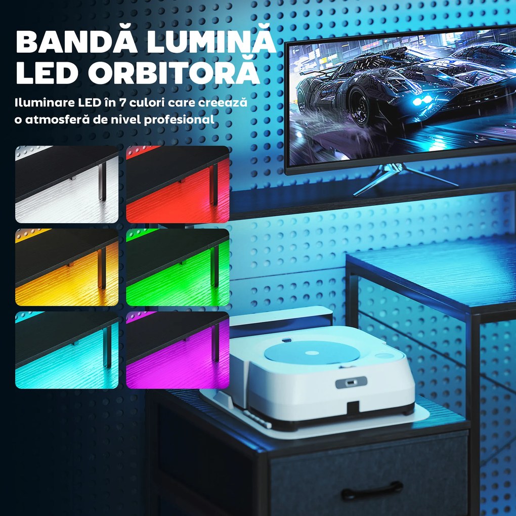 HOMCOM Birou Gaming în formă de L cu prize multiple, LED-uri, 165x80 cm, birou PC cu 2 sertare din material textil, 2 rafturi deschise, măsuță laterală și 2 suporturi monitor, din PAL și oțel, Negru | Aosom Romania