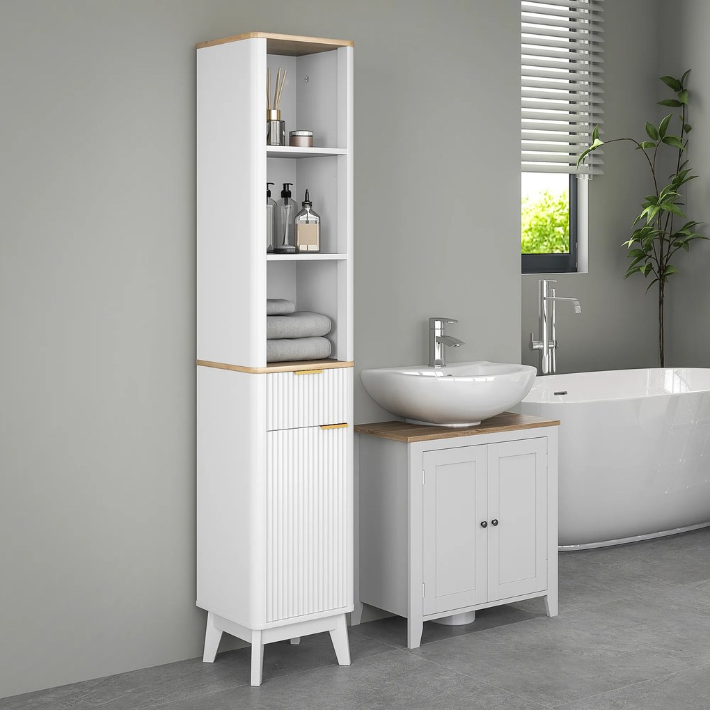 HOMCOM Dulap baie mobilier baie cu coloană cu 3 rafturi, sertar și 2 rafturi ajustabile 33 x 30 x 170 cm alb | Aosom Romania