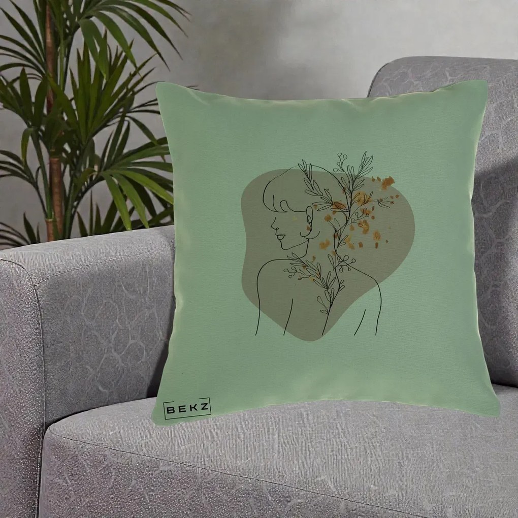 Perna Decorativa Femeie cu Flori Line Art Boho, 40x40 cm, Verde, Husa Detasabila, Perna Inclusa, BEKZ®
