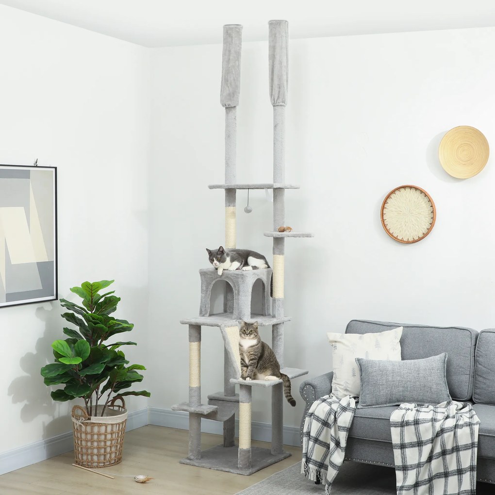 PawHut Copac zgârietoare de tavan cu înălțime ajustabilă 225-255cm Gri deschis | Aosom Romania