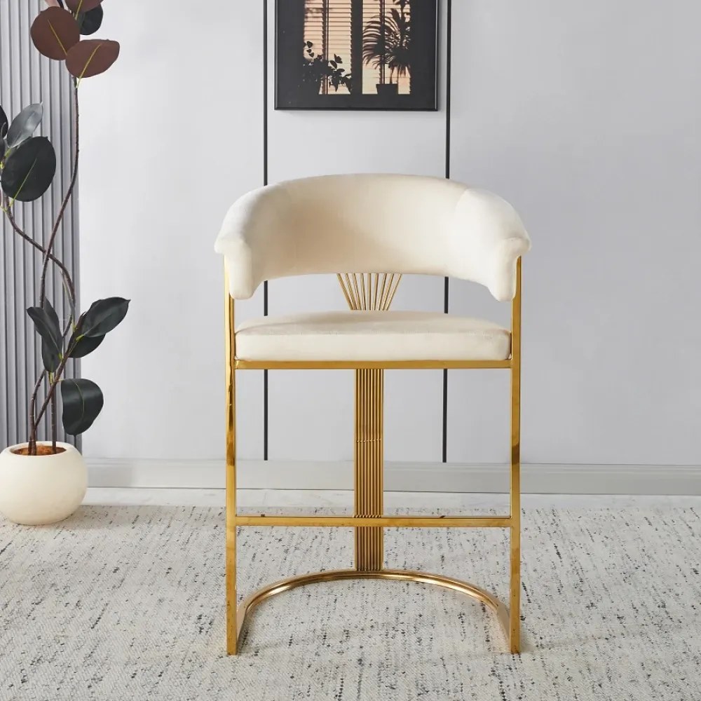 Scaun bar, cadru metalic auriu, catifea, Bej/Auriu