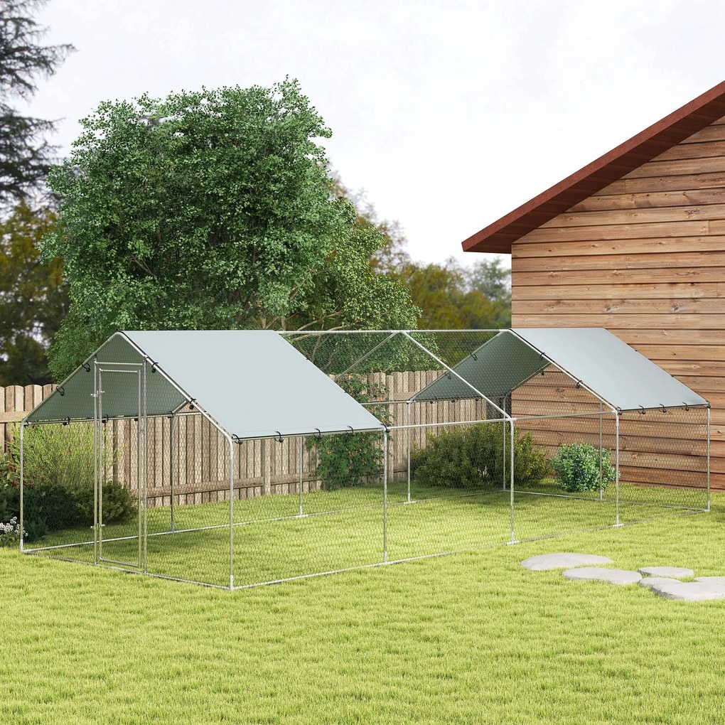 PawHut Coteț de Exterior Mare din Oțel Galvanizat 6,8x3x1,9 m 20,4 m² cu Acoperire Din Țesătură Oxford și Încuietoare Argintiu | Aosom Romania