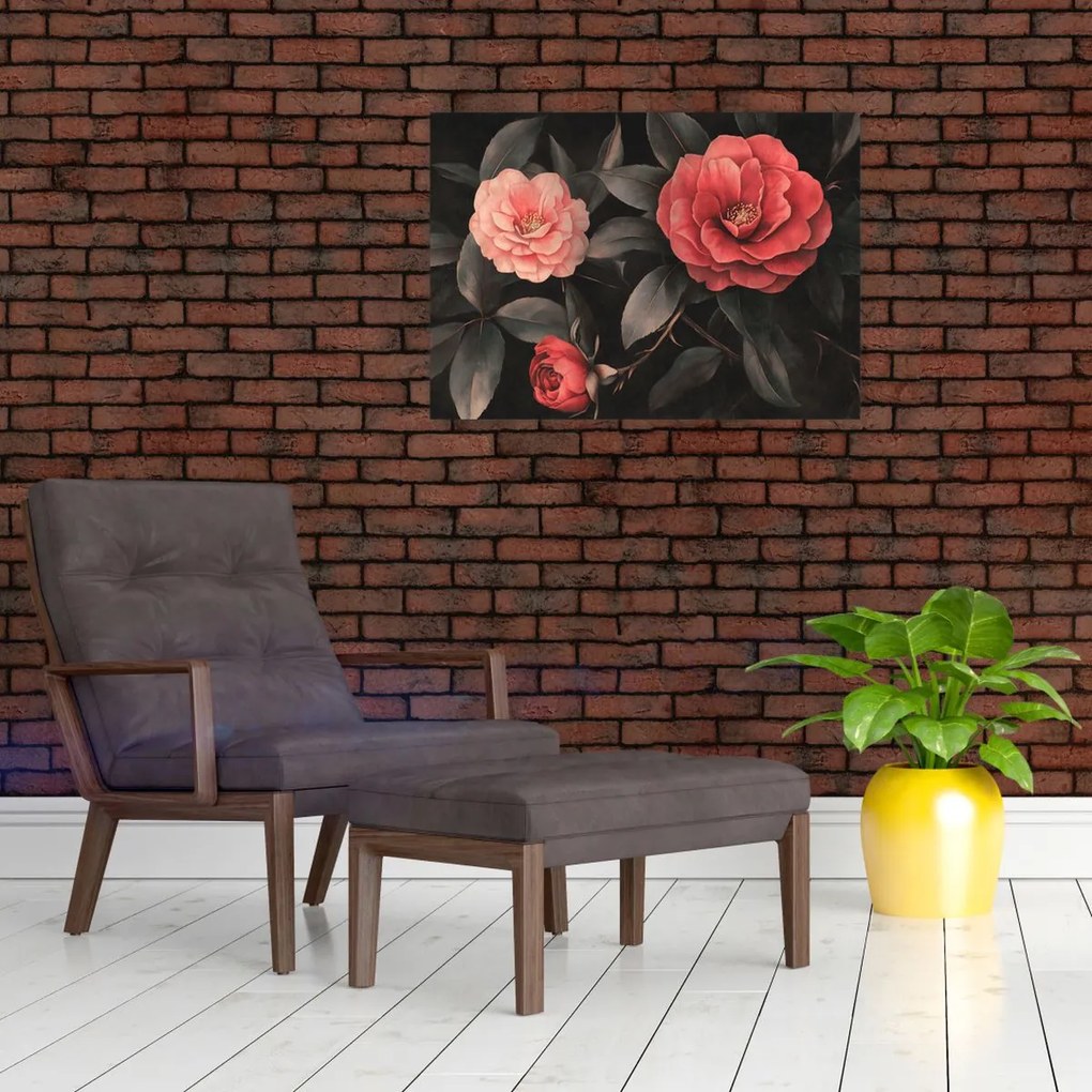 Tablou pe sticlă - Flori roșii pe fundal întunecat (70x50 cm)