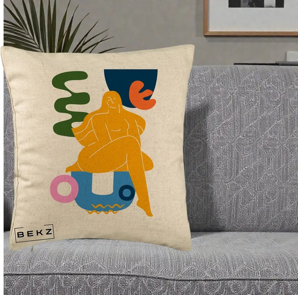 Perna Decorativa Femeie Relaxata Abstract, 40x40 cm, Bej, Husa Detasabila, Perna Inclusa, BEKZ®