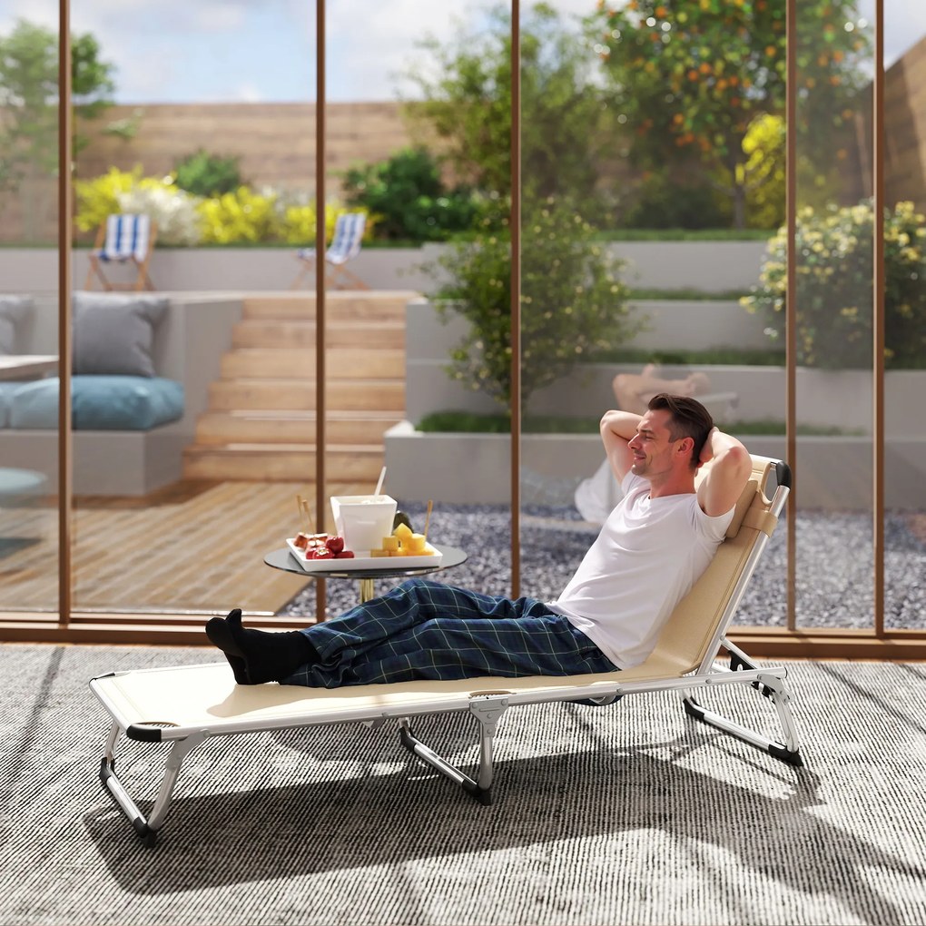 Outsunny Șezlong de plajă, chaise longue pliante cu suport pentru cap, spătar reglabil, aluminiu și textilene, bej | Aosom Romania