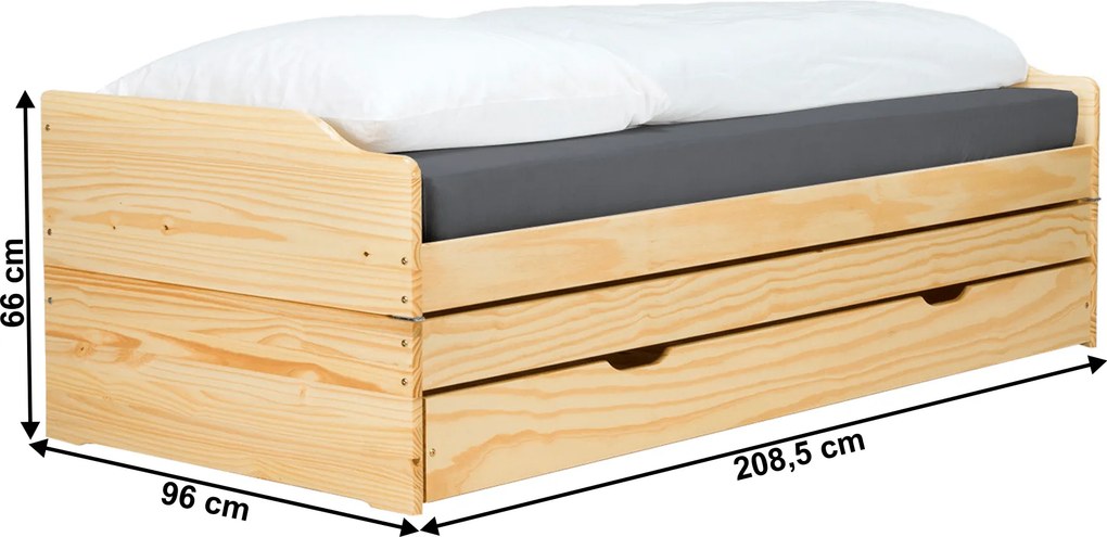 Pat cu module suplimentare extensibile, culoare naturală, lemn masiv, 90x200, FLOPY
