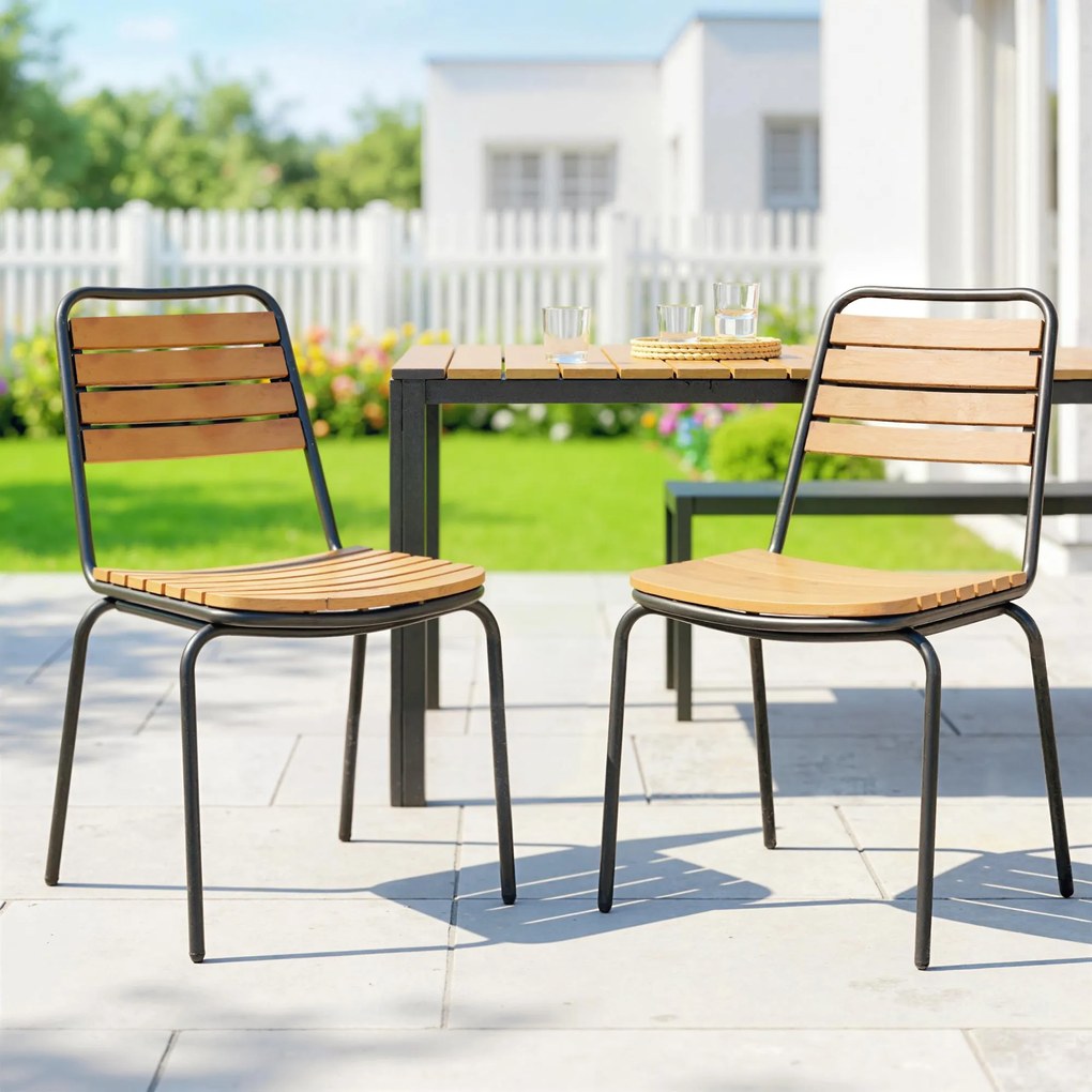 Outsunny Scaun de grădină set 2 buc. rezistent la intemperii, scaune din oțel și lemn, stivuibile cu spătar, suport până la 160 kg, Lemn natural | Aosom Romania