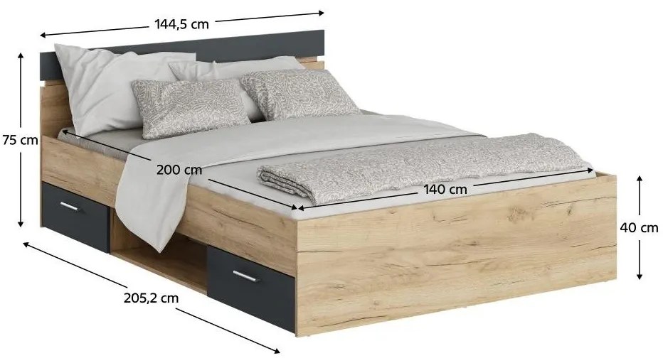 Pat matrimonial 140 cm Michigin (stejar artisan + grafit) (cu sp. depozitare). 1096898